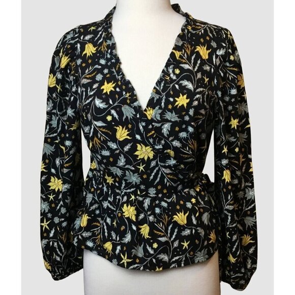 Universal Thread Ruffled V-Neck Navy Floral Long Sleeve Wrap Front Blouse SM - Picture 1 of 12